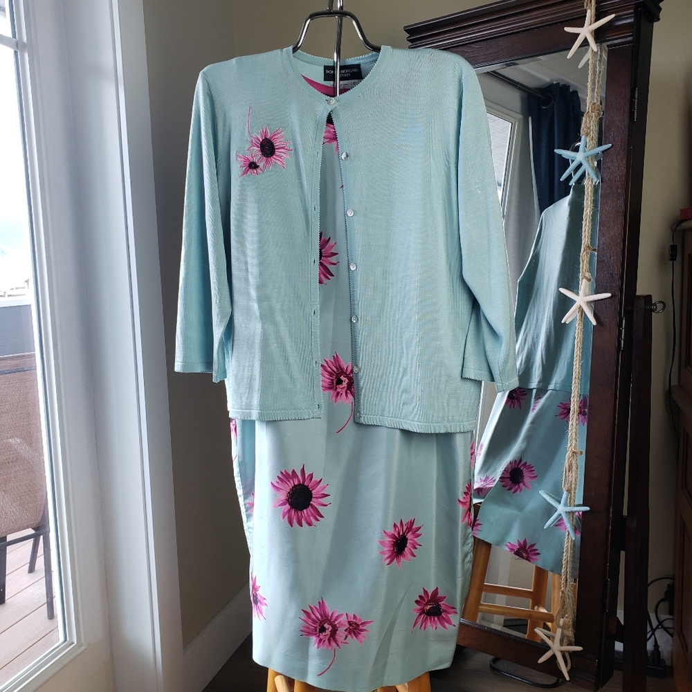Palest Turquoise Silk Sheath Dress w/ Cardigan